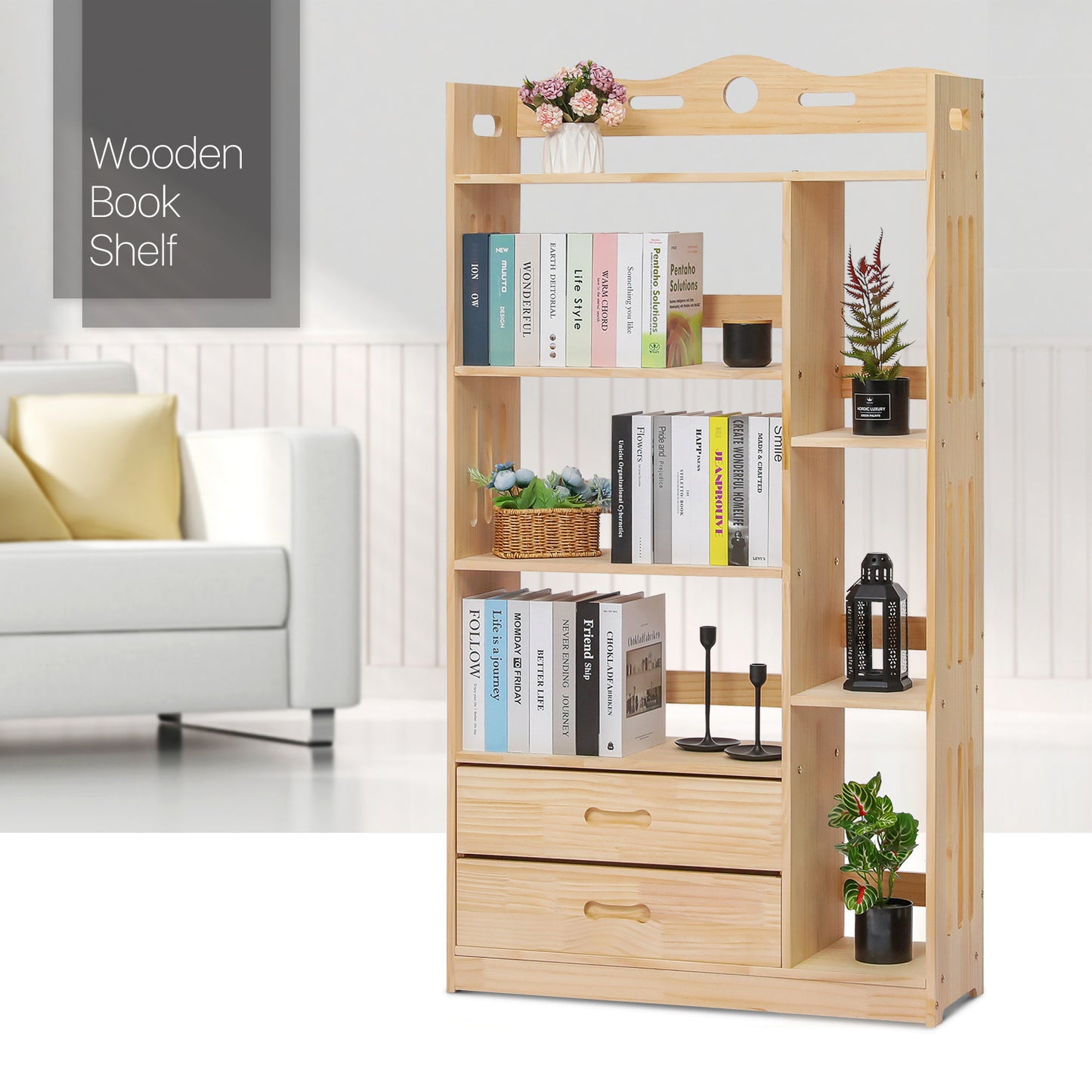 Wooden Display Storage Organizer - 5 Tier - with Drawer - 33" - Natural