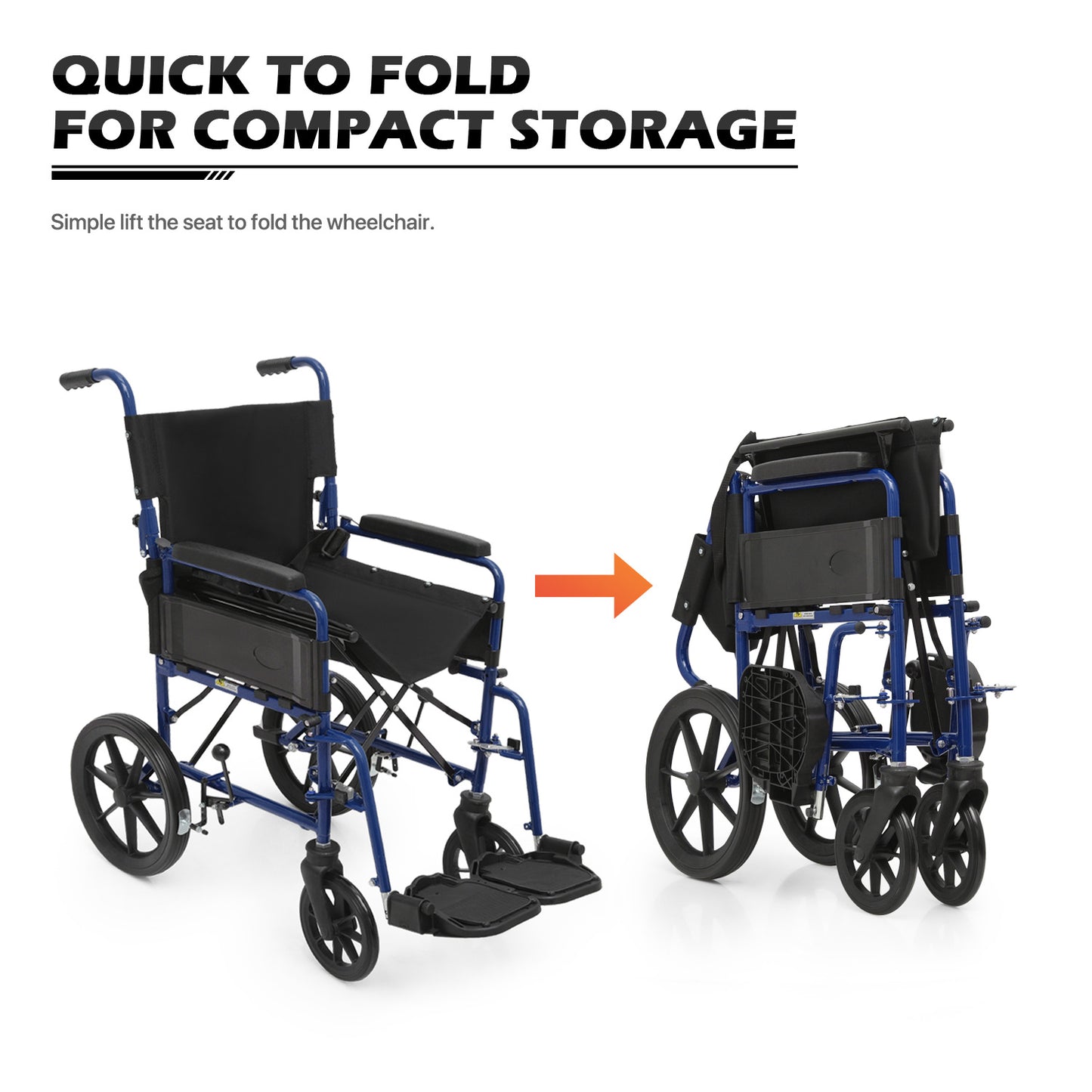 Transport Wheelchair - FDA Approved, PU Paded Armrest, Blue