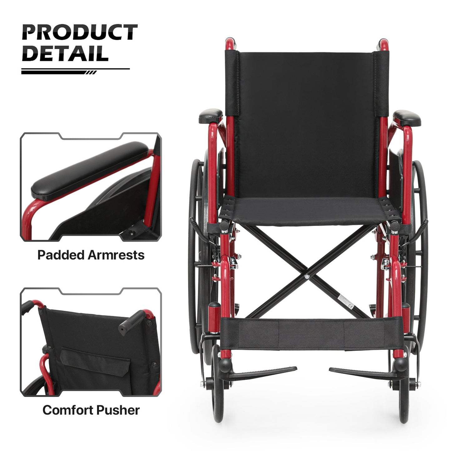Manual Wheelchair - Red, FDA Approved - 18"x16" Seat