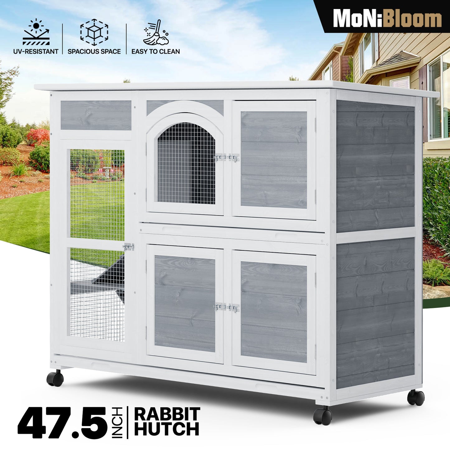 Wooden Chicken Coop Rabbit Hutch - 47.5'' Length - w/4 Wheels