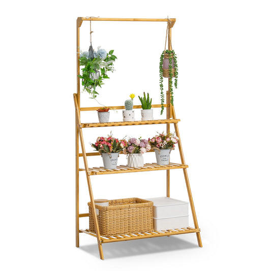 Foldable Flower Plant Rack - A Frame Stand Shelf - with Top Hanging Rod - 3 Tier - Natural