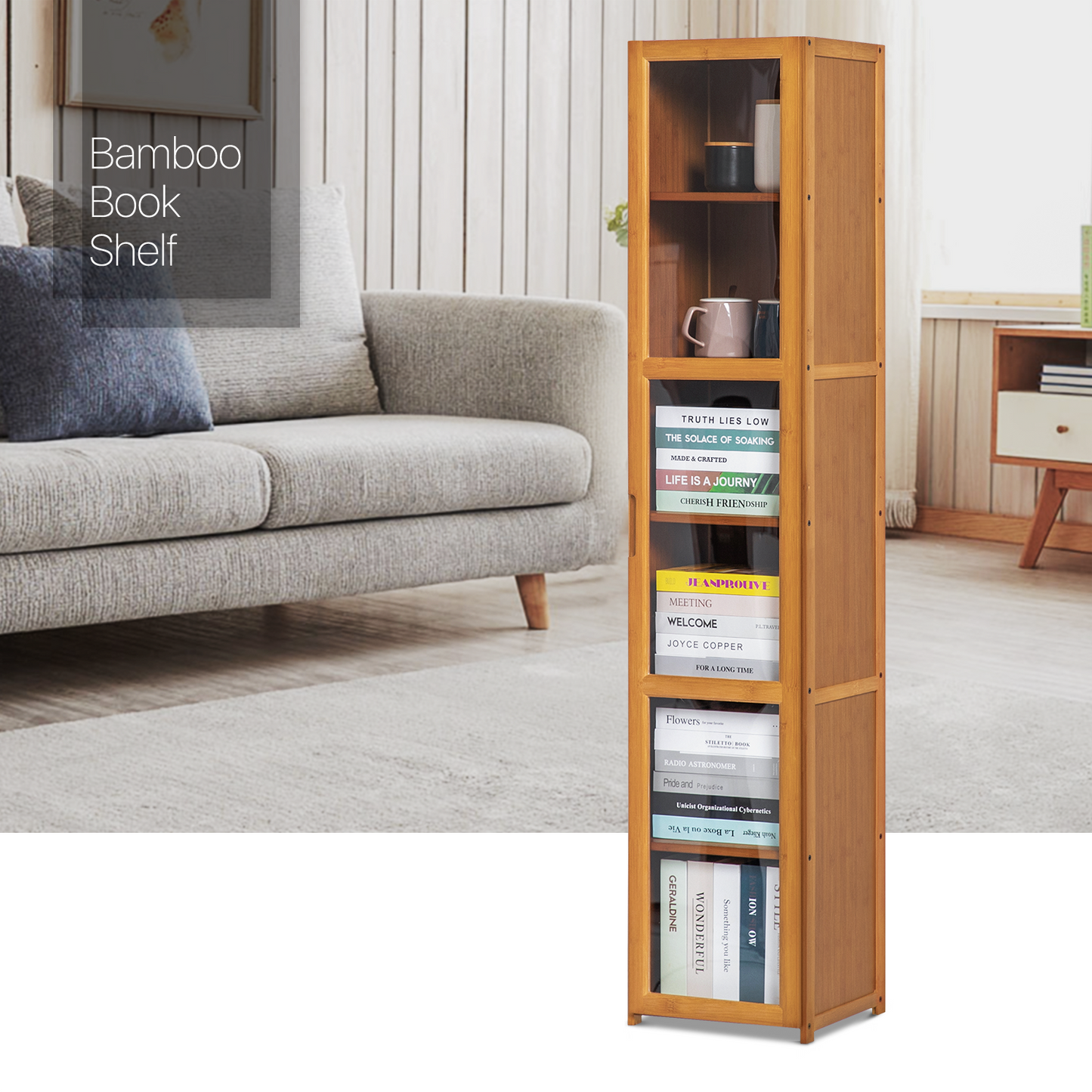 Visible Single Door Bookcase - Bamboo/Acrylic - Brown