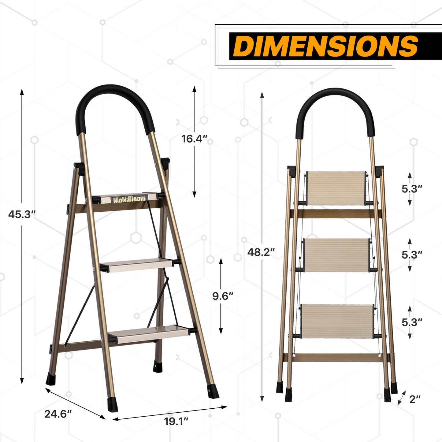 U-Shaped Padded Handle Folding Step Ladder - 3 Steps 3.78 ft/45.3", Gold