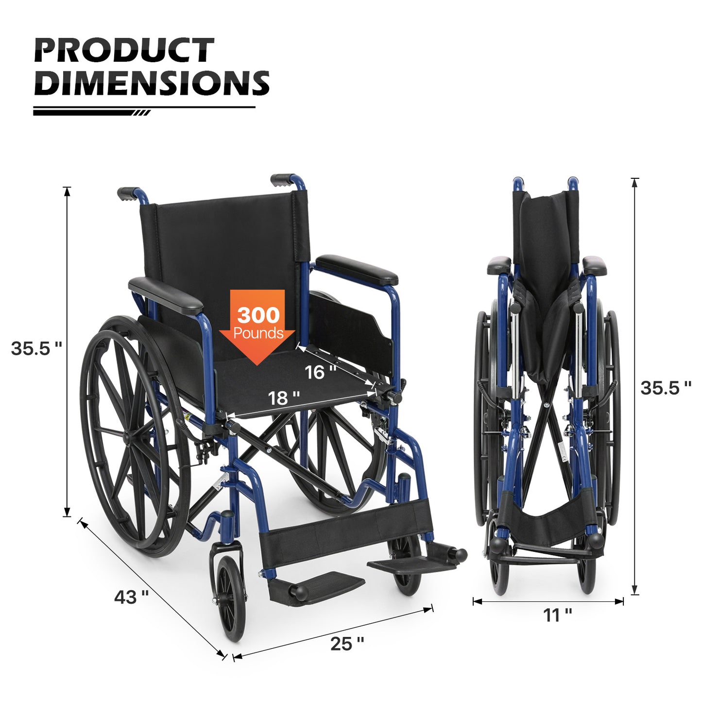 Manual Wheelchair - Blue, FDA Approved - 18"x16" Seat