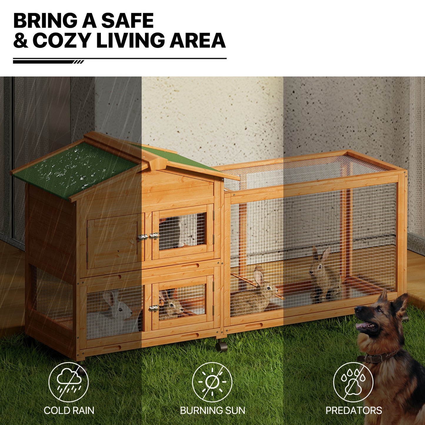 Wooden Chicken Coop Rabbit Hutch - House Shape - 63.5'' Length - w/6 Wheels