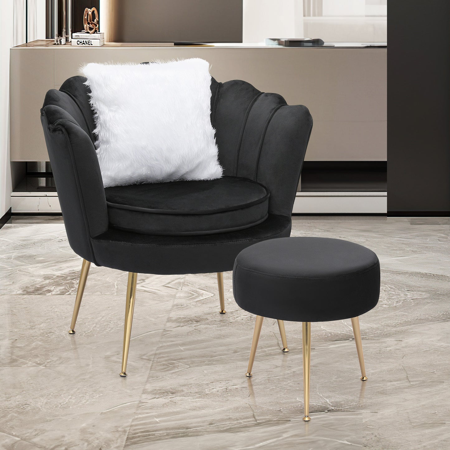 Velvet Upholstered Vanity Accent Chair Armchair w/Footrest - Scalloped Back