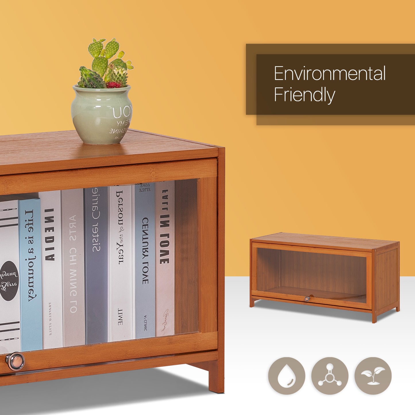 Visible Slide Up Door Bookcase - Bamboo/Acrylic - Brown
