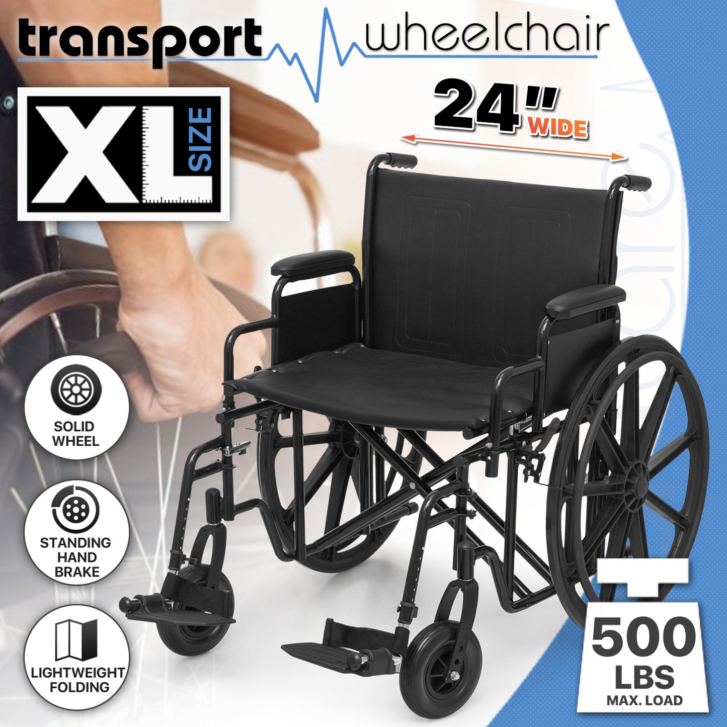 Manual Wheelchair - Extra Width 24"x17.5" Seat - FDA Approved