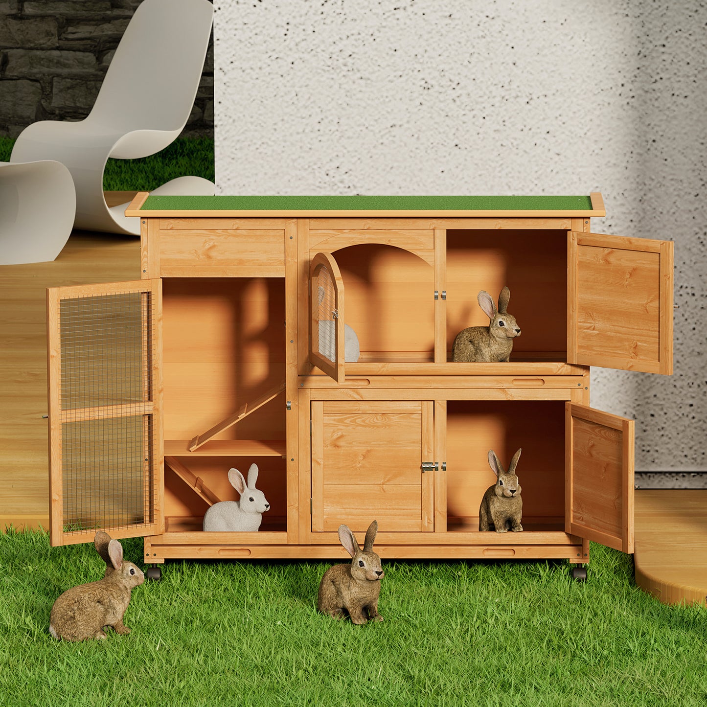 Wooden Chicken Coop Rabbit Hutch - 47.5'' Length - w/4 Wheels