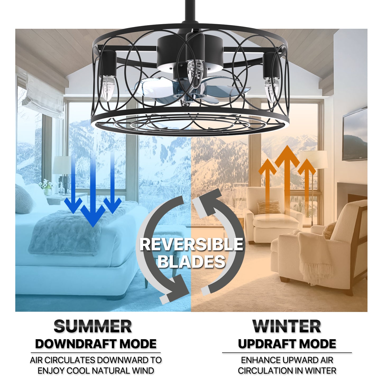 18" Caged Ceiling Fan  - 3 Color Changing - 3 Speeds w/2 Down Rods