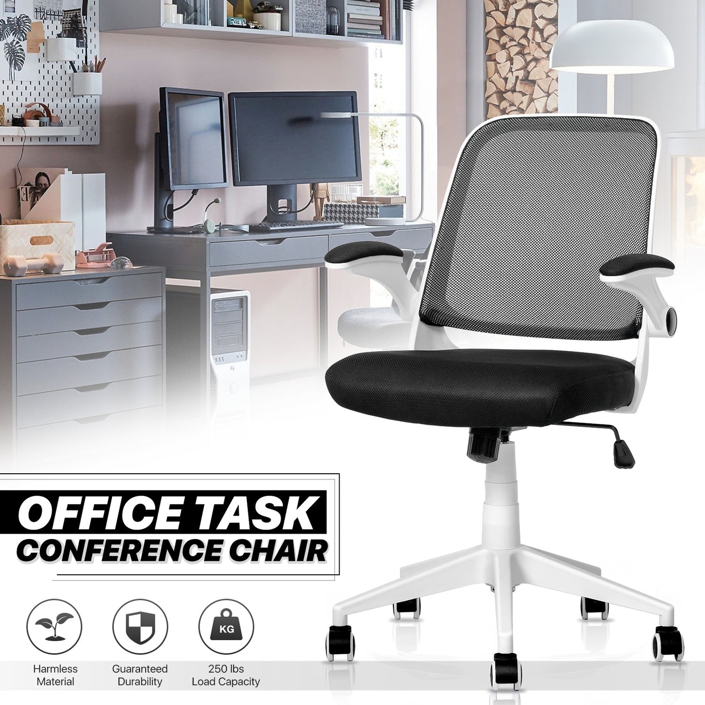 Adjustable Armrest Task Chair - Black - 29" x 47" Studded Mat Set