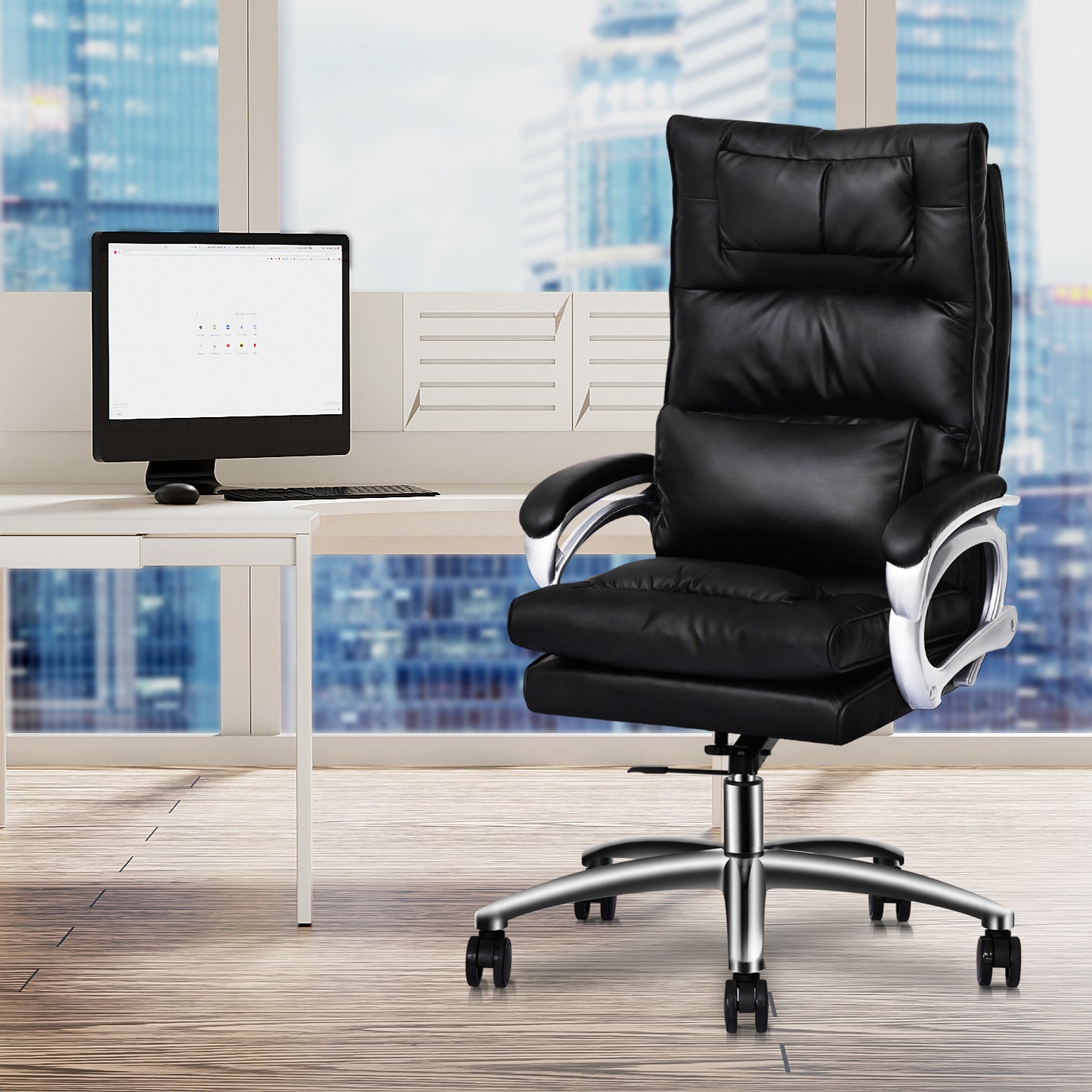 Faux Leather Executive Chair with Lumbar Support - 29" x 47" Studded Mat Set