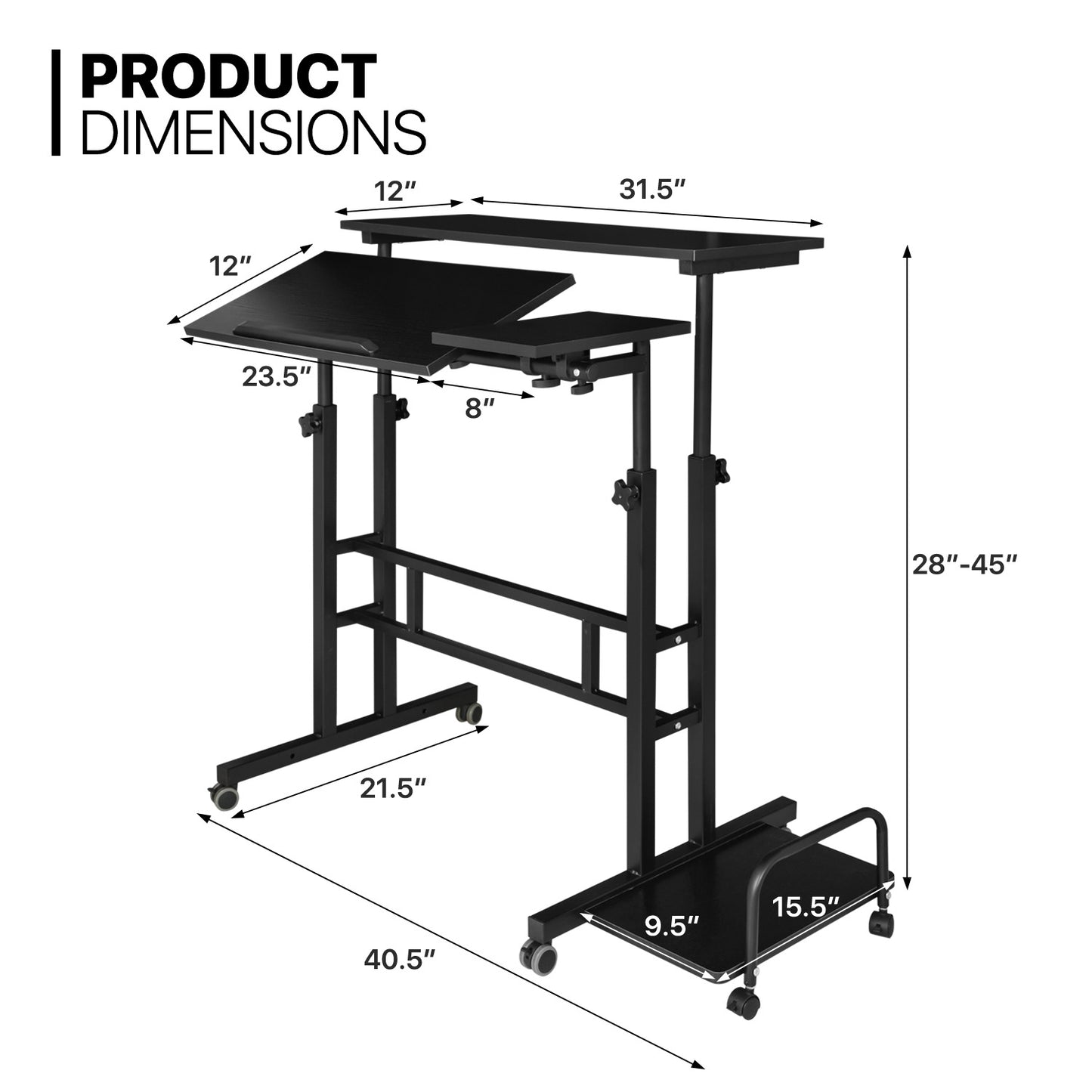 Rolling Lifting Computer Desk w/Monitor Shelf & CPU Stand - Adjustable Height & Tilt