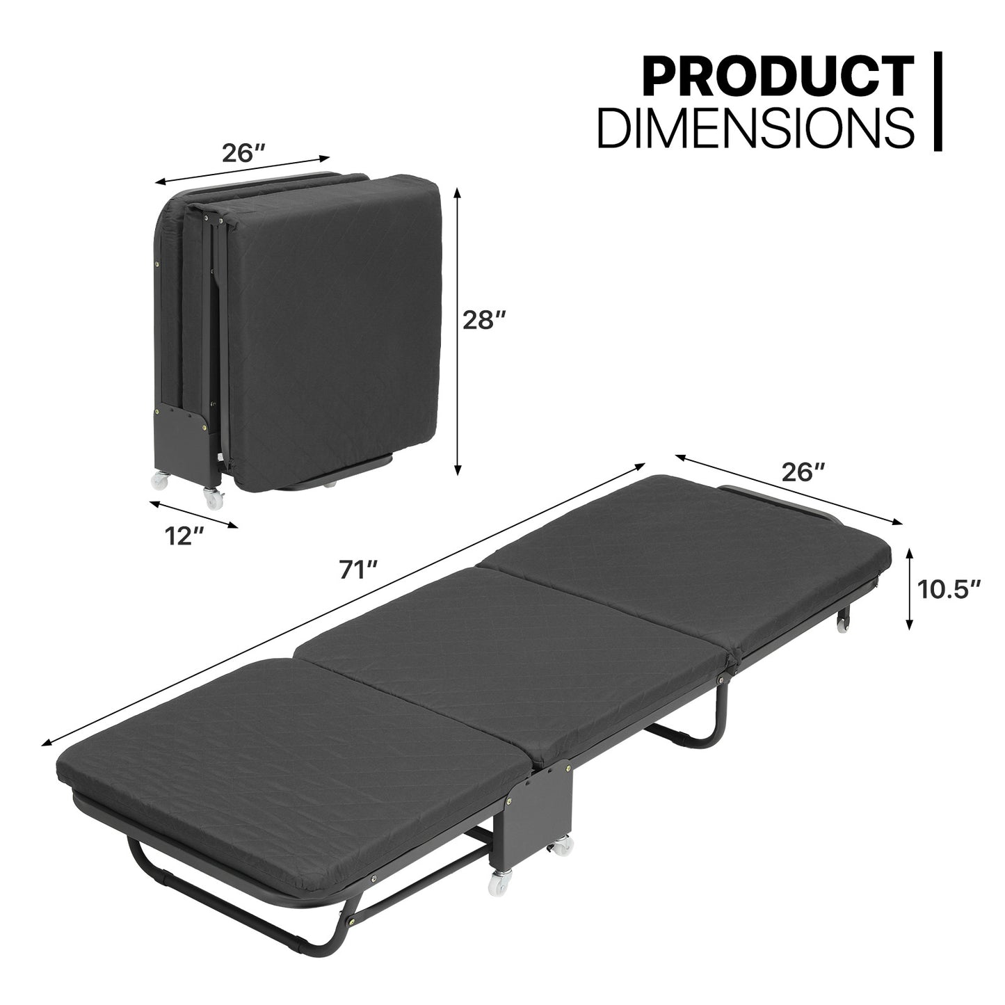 Folding Rollway Sleeping Bed - Camping Cot - 71'' Length - w/2'' Thick Mattress+6 Wheels