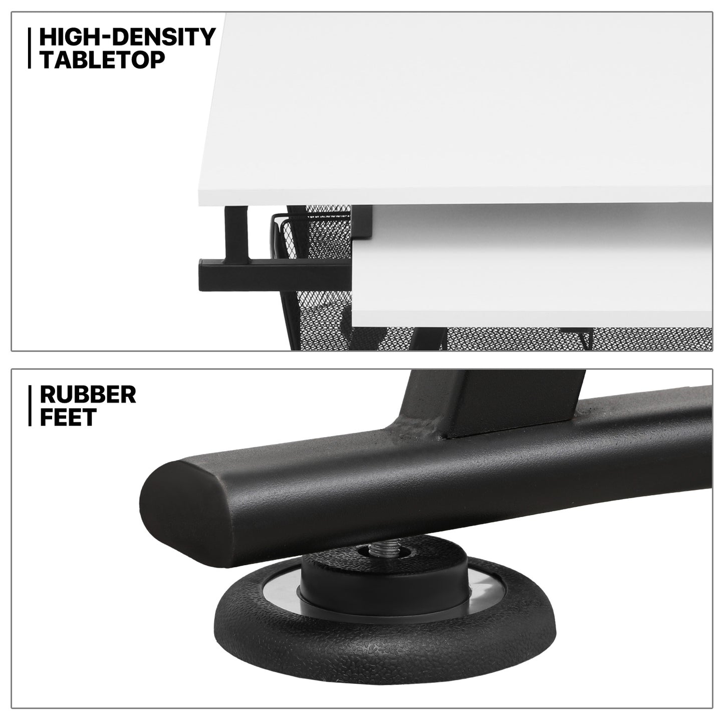 Drafting Table - 61" White desktop with black frame, 2 mesh drawers, with black stool
