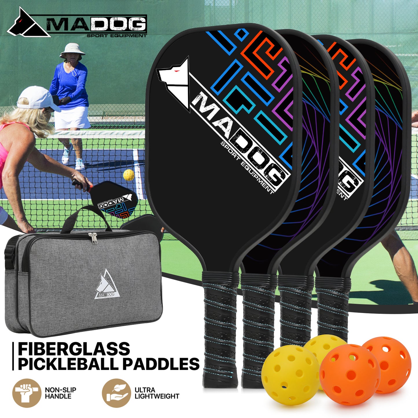 Pickleball Racket Set - Fiberglass Combination - 2 Rackets or 4 Rackets + 4 balls + 1 bag