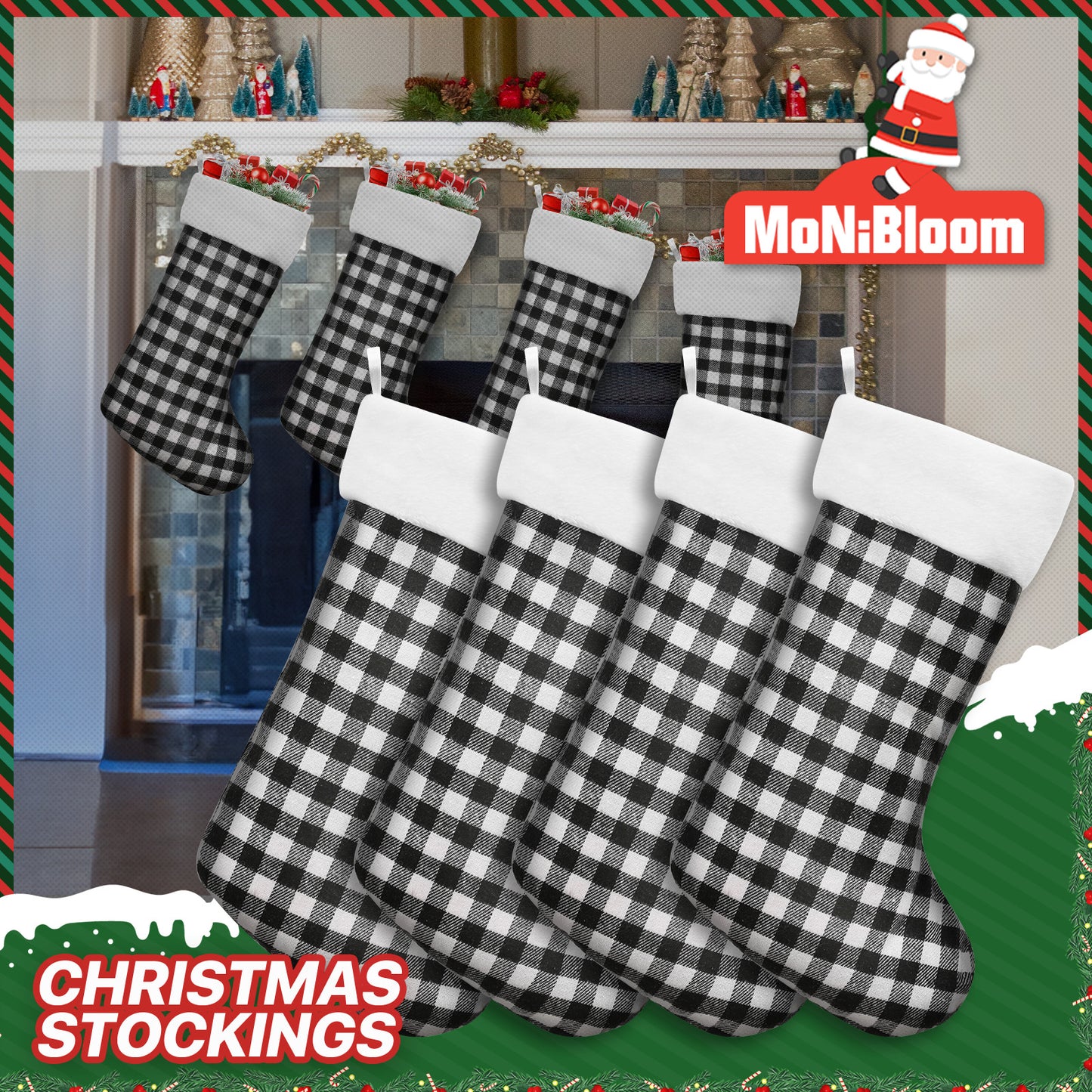 4 Pieces Cotton Plaid Fabric Christmas Stocking - Black & White
