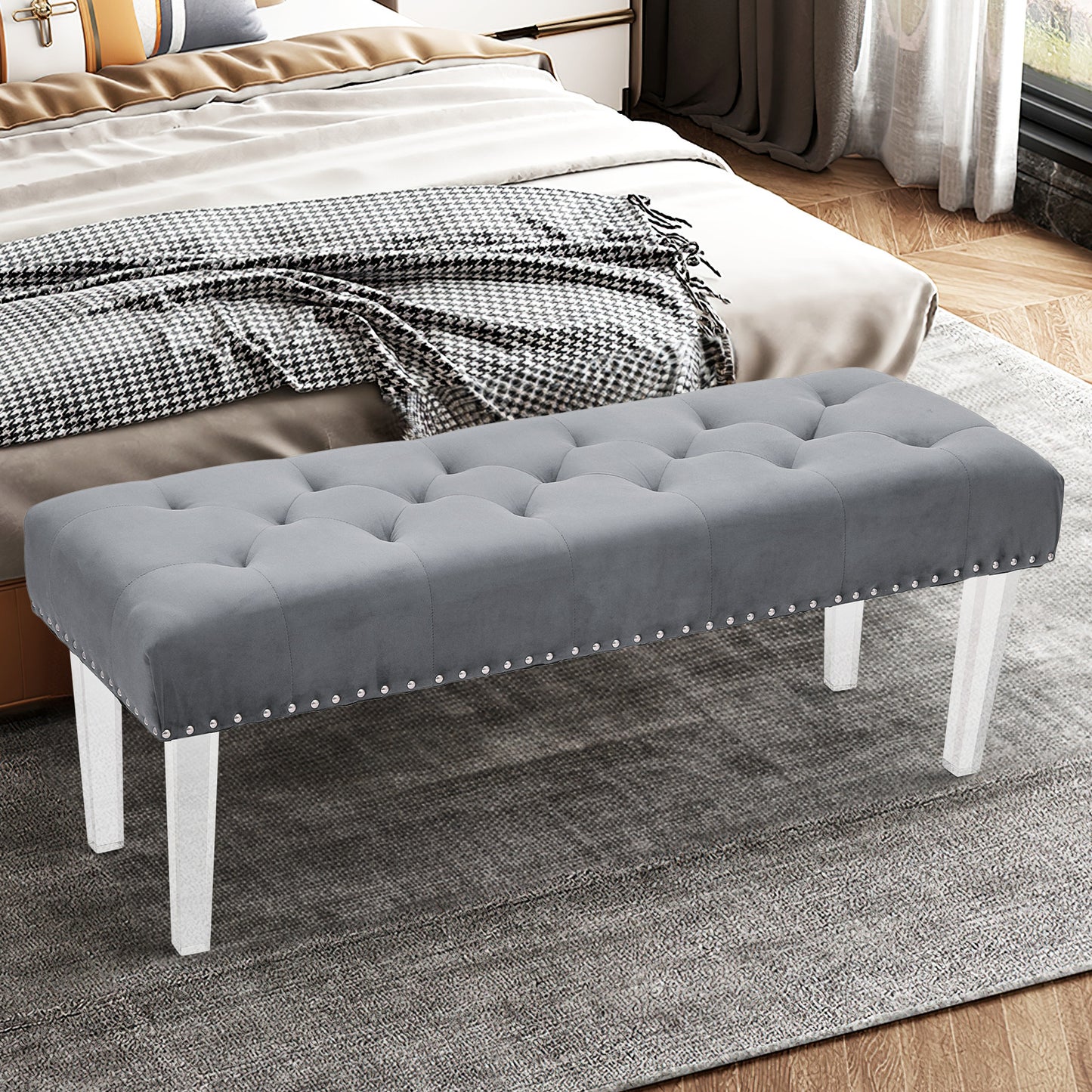 47" Tufted Ottoman Seat Mid-Century Rectangle Footstool Bench - Acrylic Foot