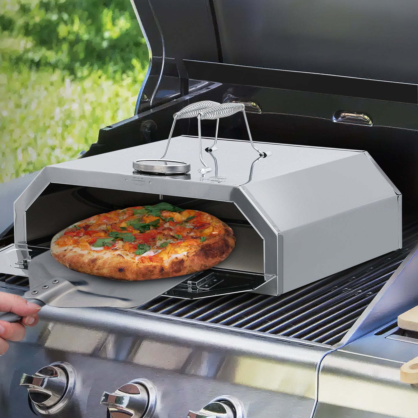 Stainless Steel Pizza Oven for Grill - 14.7*11.5*4.7 inch -11*9 inch Pizza Stone - Silver