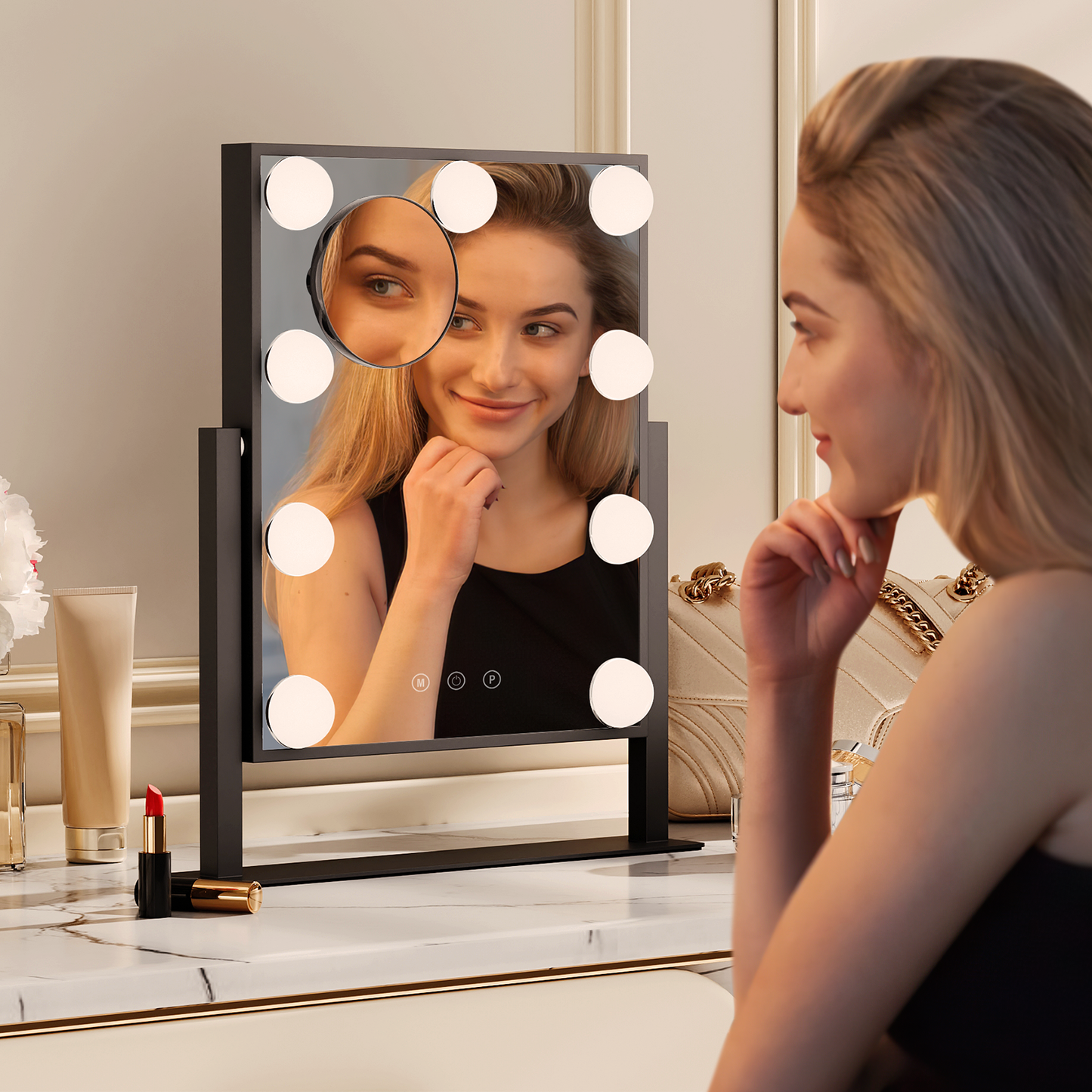 Rectangle 9 LED Plastic Bulb Vanity Mirror - 3 Color Lighting Mode - Brightness Adjustable - w/Detachable 5X Magnification Mirror