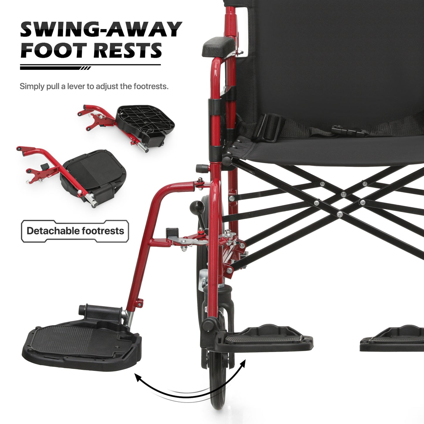 Transport Wheelchair - FDA Approved, PU Paded Armrest, Red