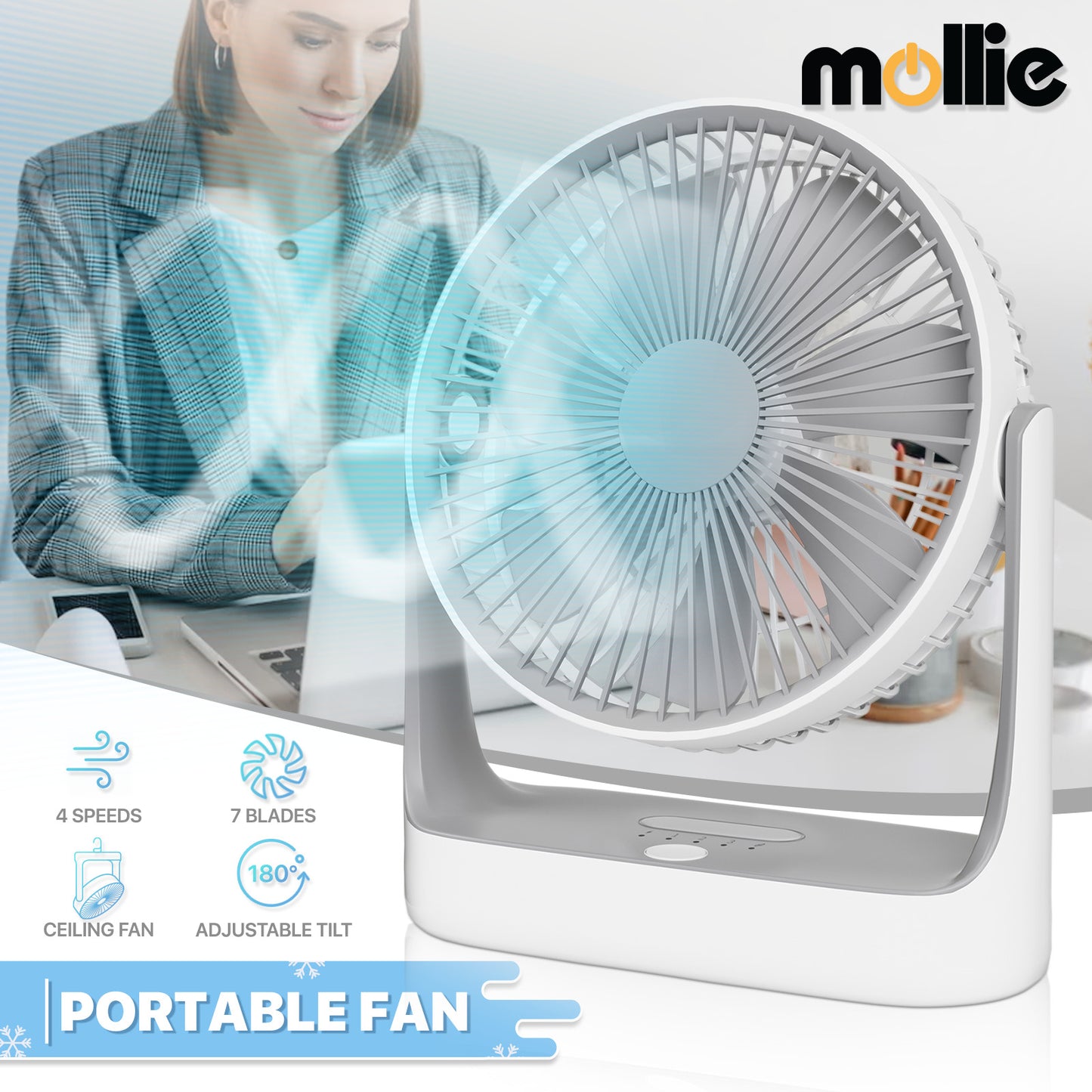 6" USB Desk Fan - 180¡ã Tilt - w/Hanging Hook