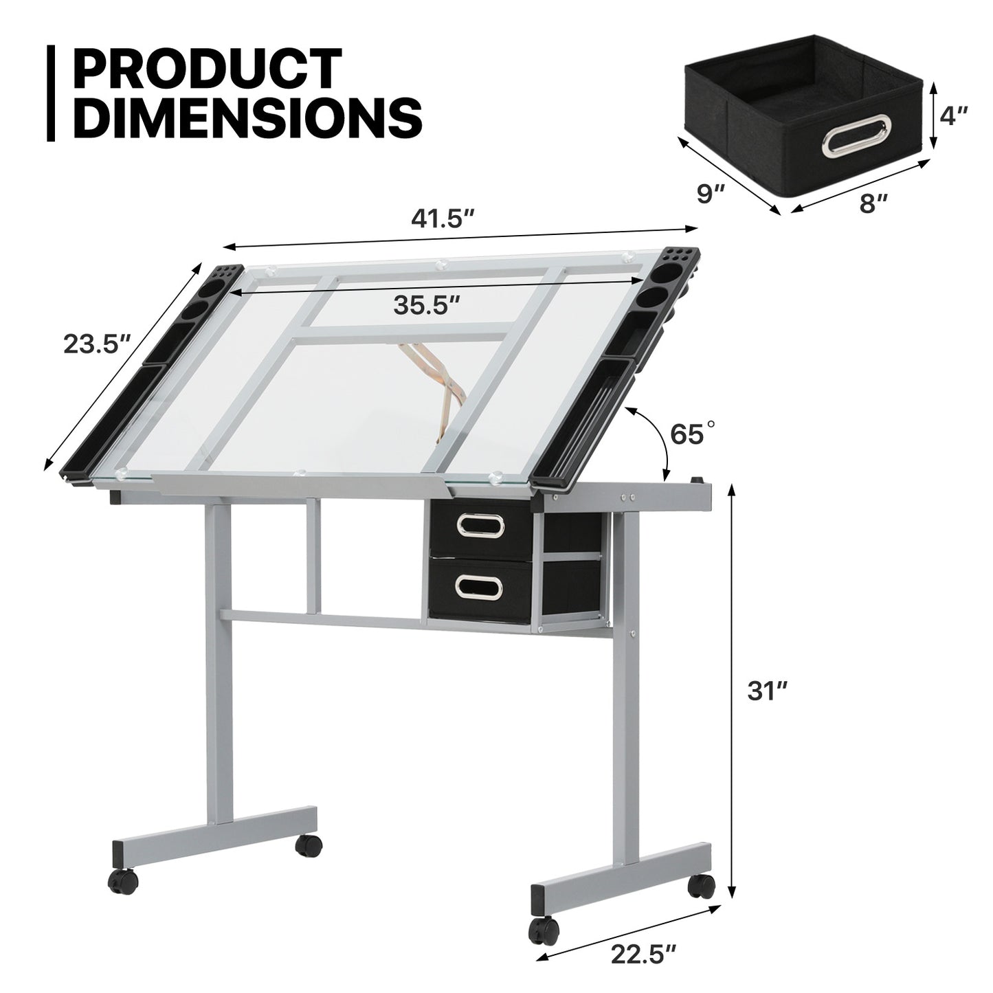 Drafting Table - 41" Crystal desktop with grey frame, 2 black drawers, rolling casters