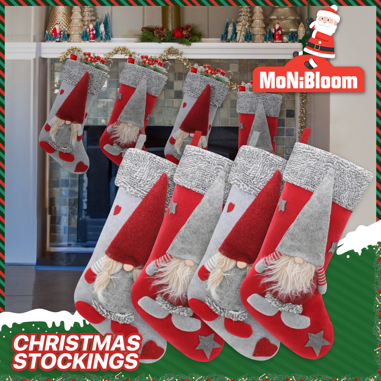 4 Pieces Christmas Stocking - 3D Bearded Gnome