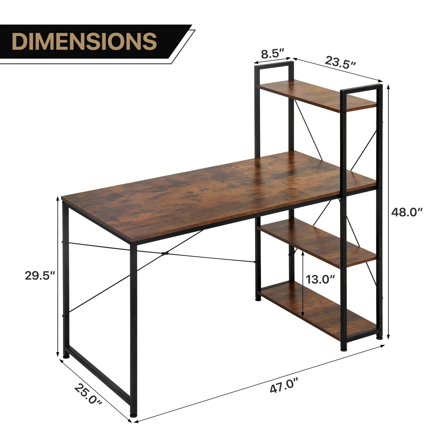 Computer Desk 47"x25"x48" w/ 3 Tier Storage Rack