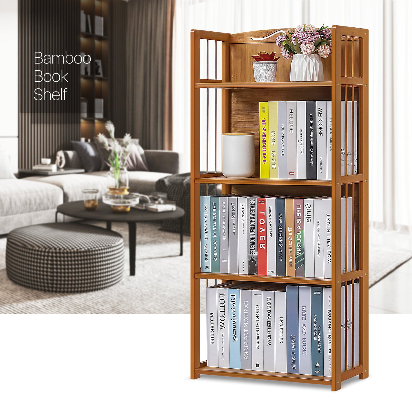 Adjustable Multi-Functional Shelving Organizer - Enclosed Back Panel - 4 Tier - Natural