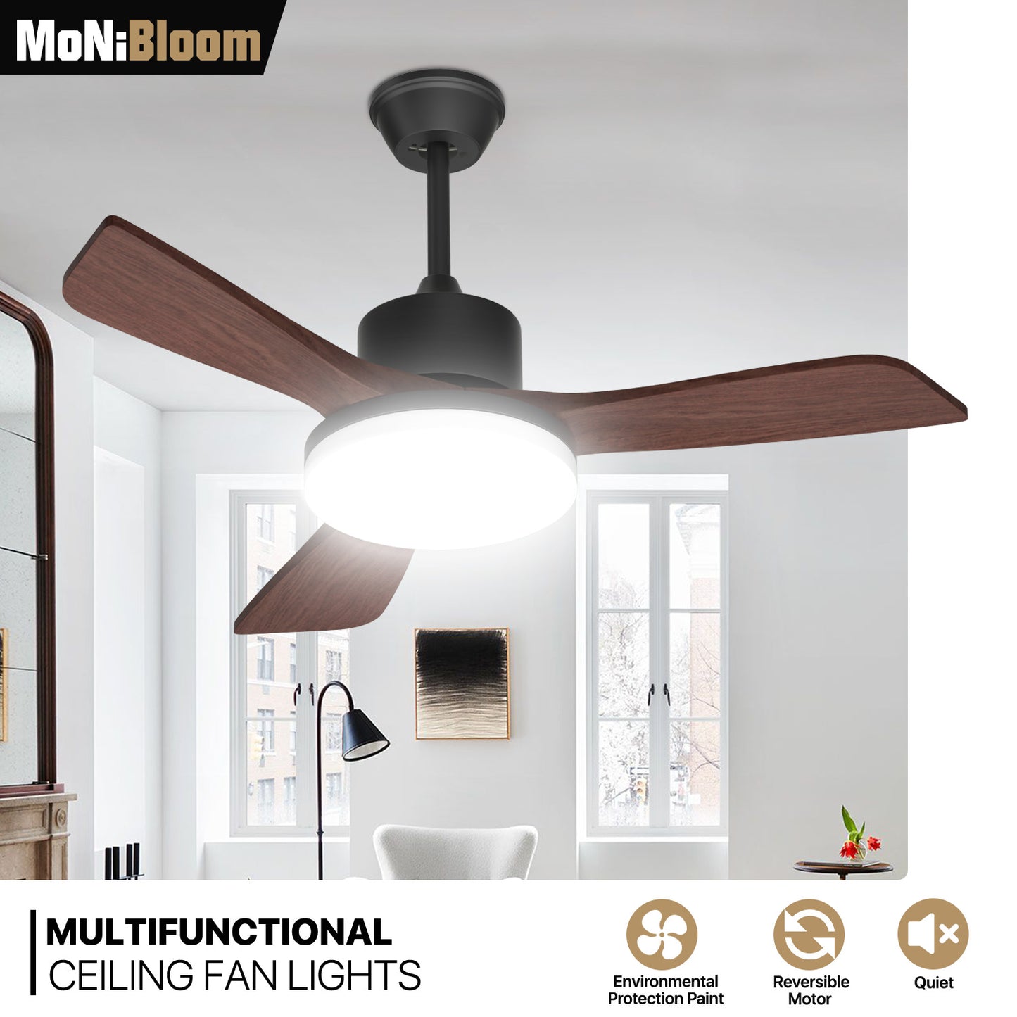 42" Reversible Lighting Ceiling Fan - 3 Blades