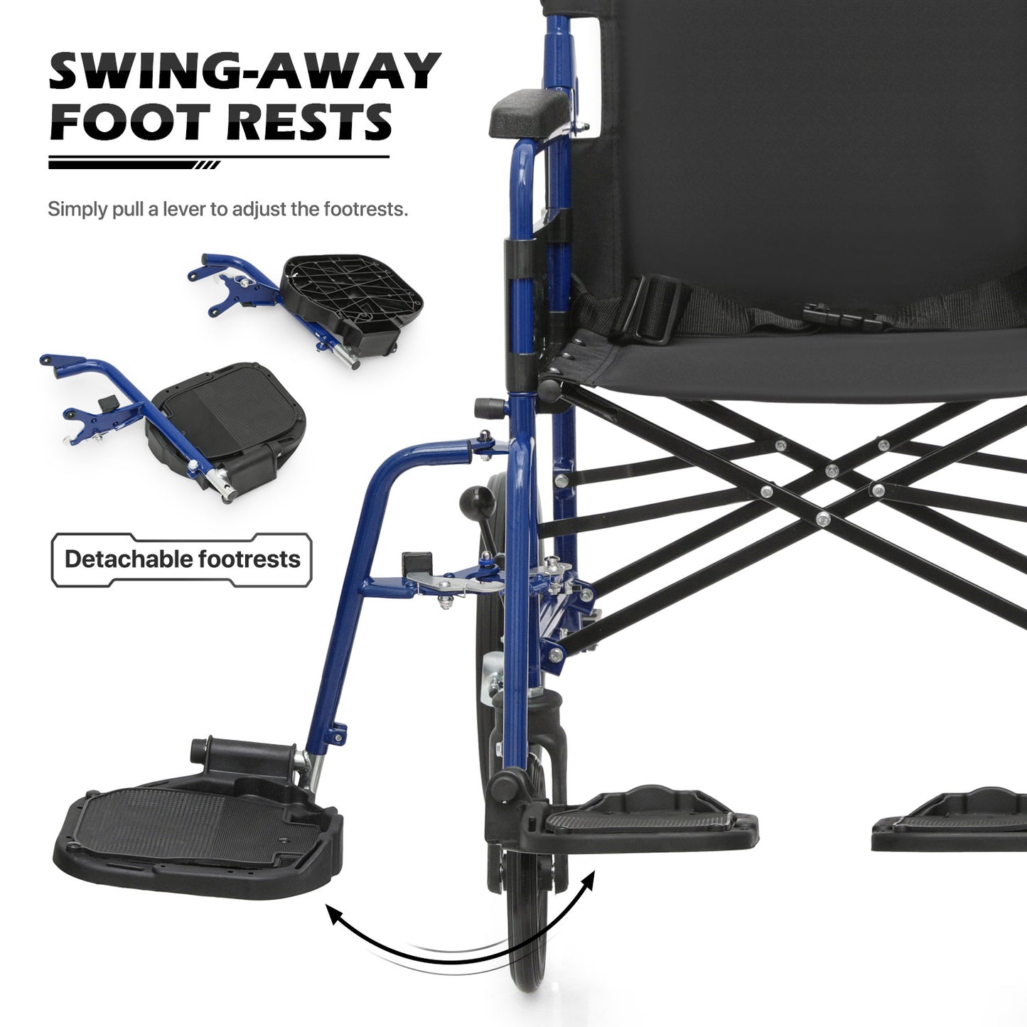 Transport Wheelchair - FDA Approved, PU Paded Armrest, Blue