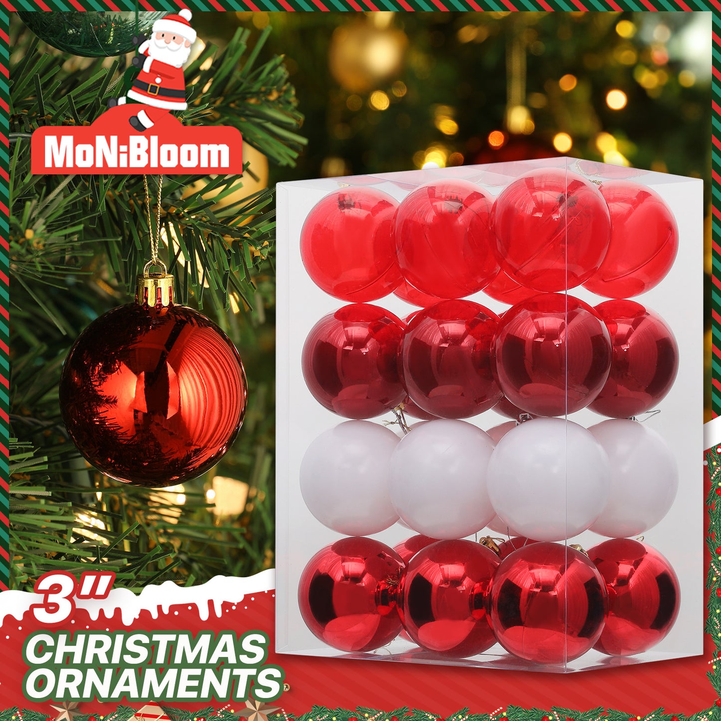 Ball Ornament - 3'' Diameter - 24PCS - 6*Shiny 6*Matte 6*Transparency 6*Pearly White
