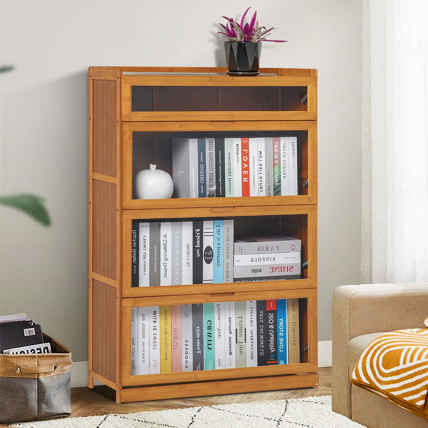 Visible Drop Down Door Bookcase w/Short Compartment - Bamboo/Acrylic - Brown