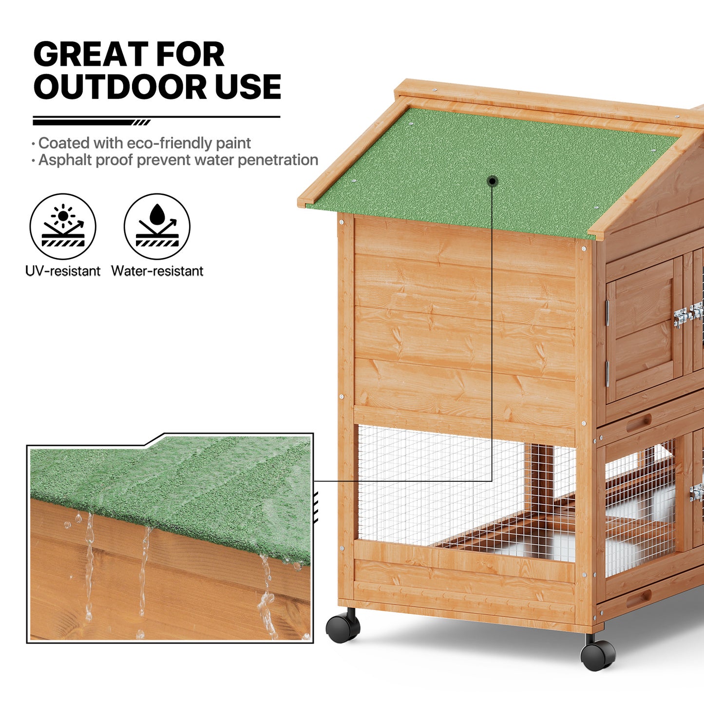 Wooden Chicken Coop Rabbit Hutch - House Shape - 63.5'' Length - w/6 Wheels