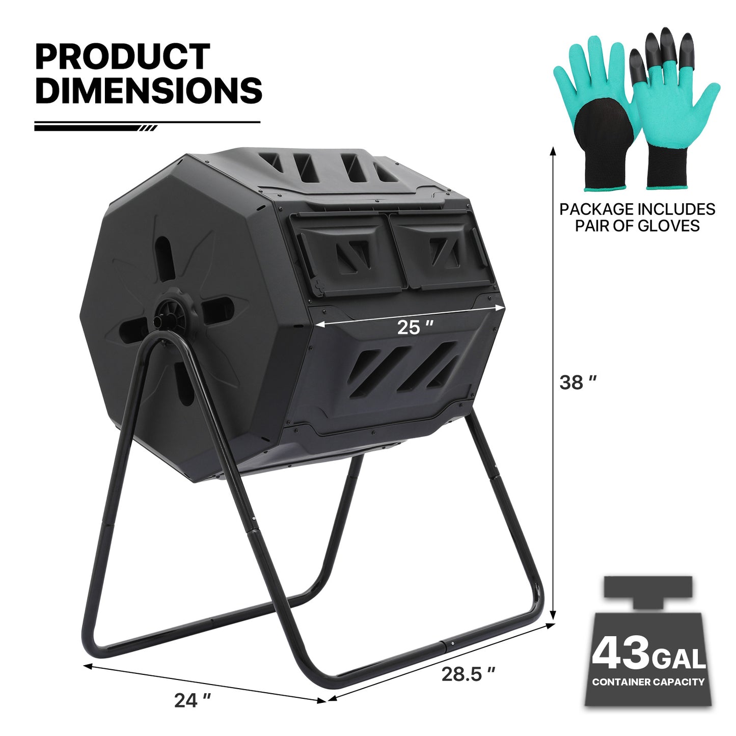 43 Gallon Dual Chamber Compost Bin - 2 Sliding Doors - with Gloves