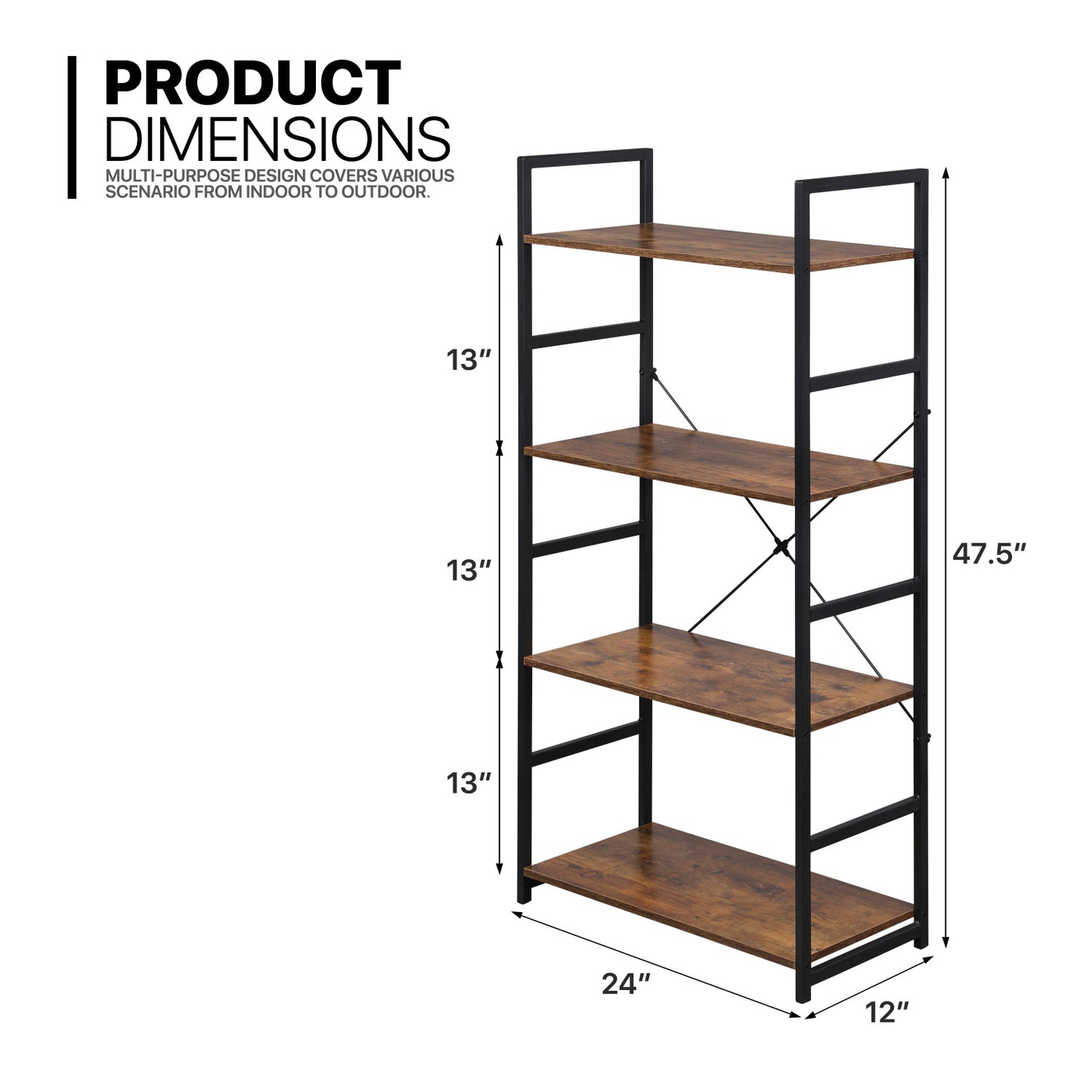 Multipose-use Bookcase Storage Rack 24"x12"x47.5" - 4 Tier