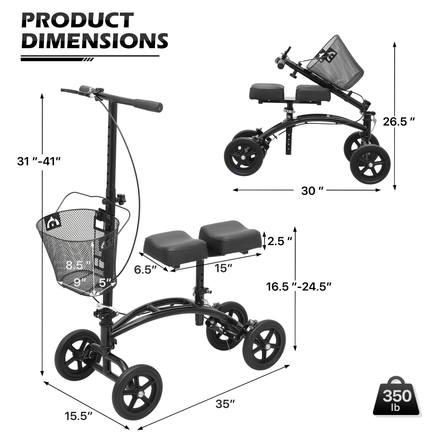 Knee Walker - Black Steel Frame Nylon Seat - 7.5'' Tires