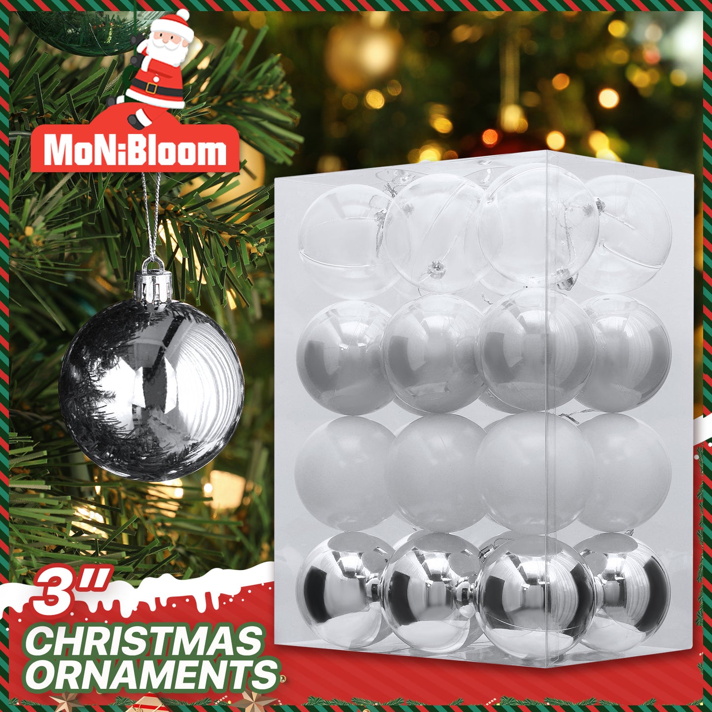 Ball Ornament - 3'' Diameter - 24PCS - 6*Shiny 6*Matte 6*Transparency 6*Pearly White