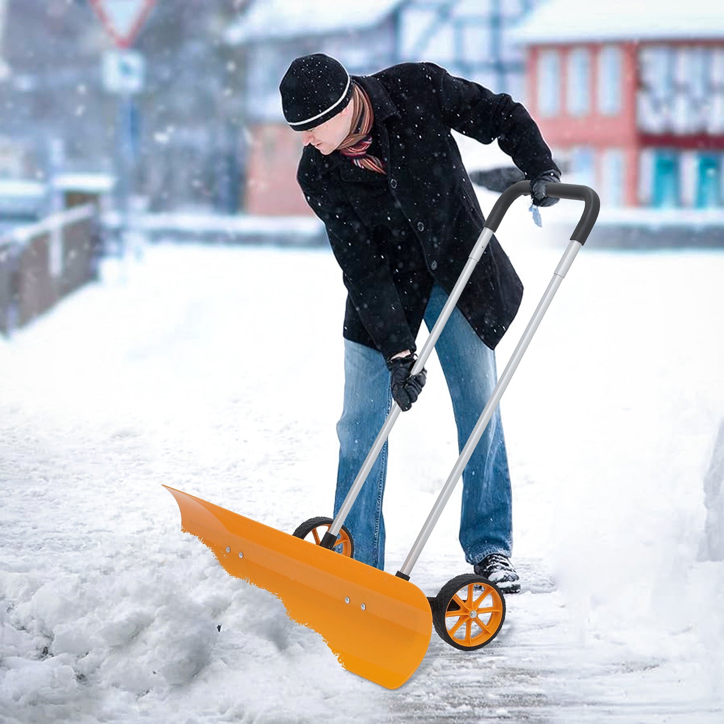 Snow Shovel Pusher for Driveway - 3.5 FT Height - w/ 2*7inch Wheel - Yellow