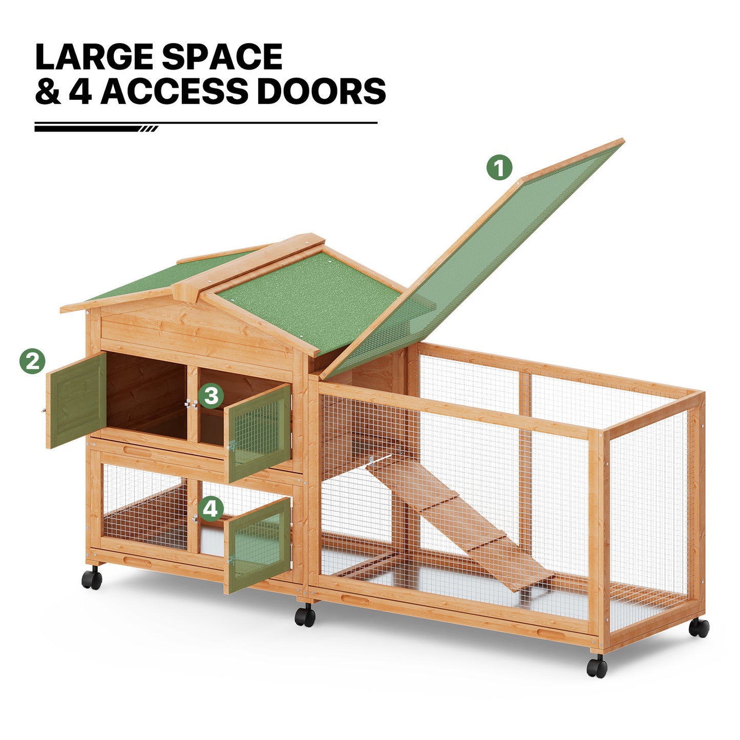 Wooden Chicken Coop Rabbit Hutch - House Shape - 63.5'' Length - w/6 Wheels