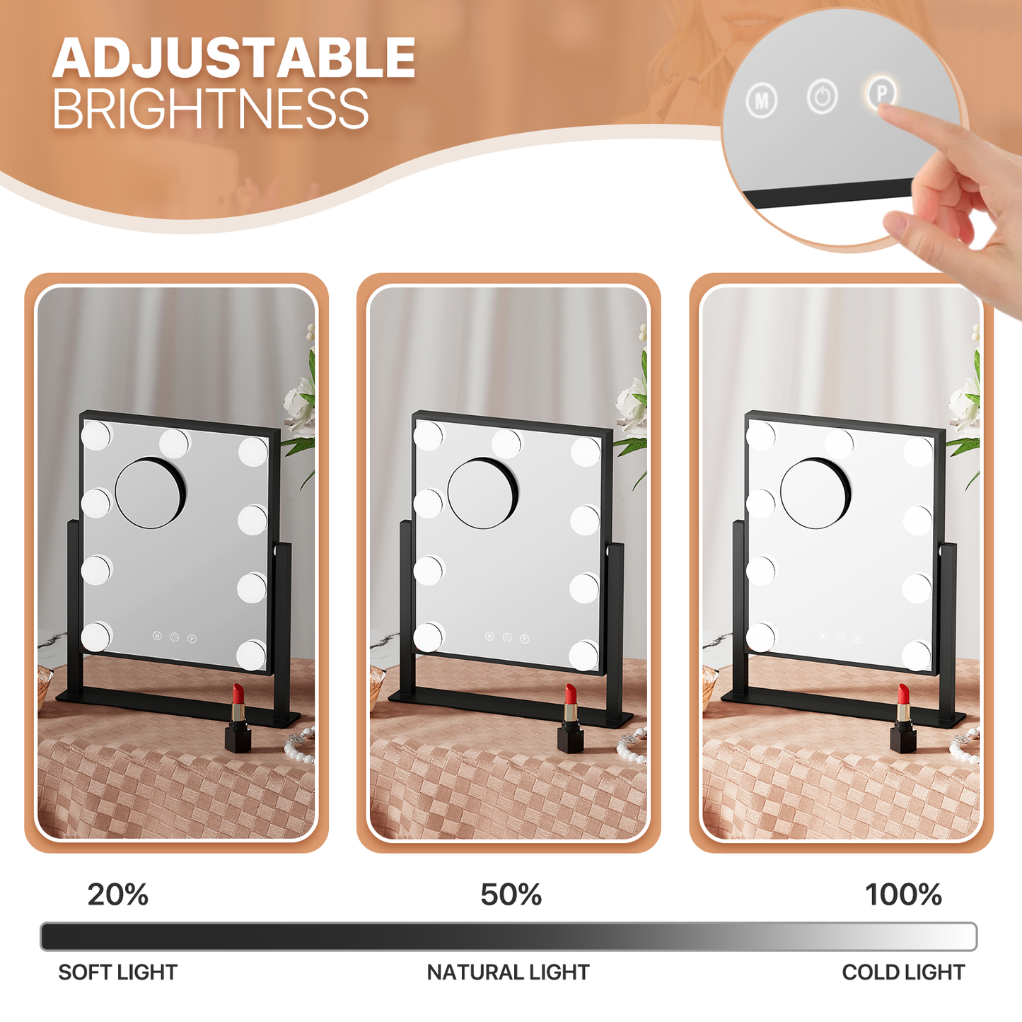 Rectangle 9 LED Plastic Bulb Vanity Mirror - 3 Color Lighting Mode - Brightness Adjustable - w/Detachable 5X Magnification Mirror