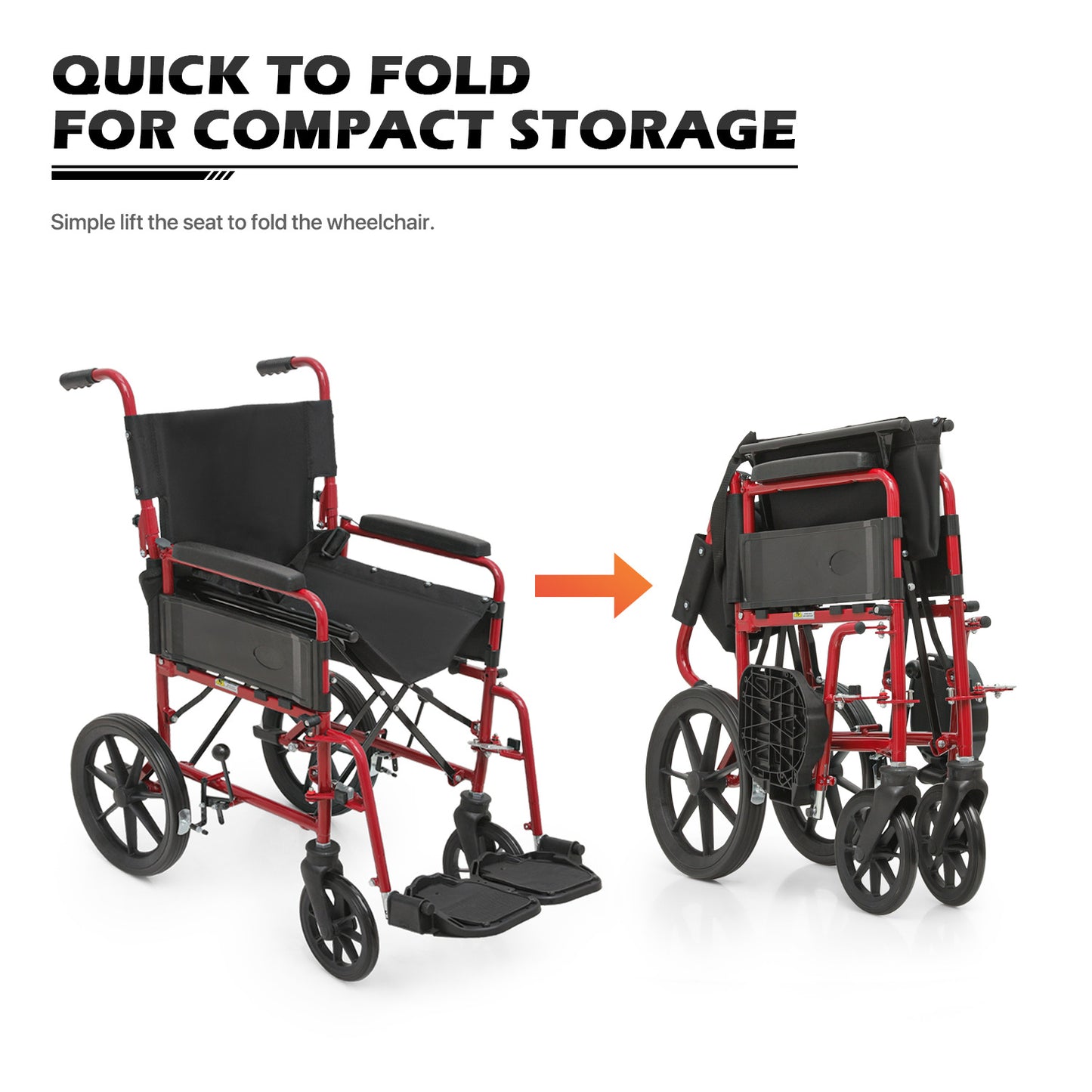 Transport Wheelchair - FDA Approved, PU Paded Armrest, Red