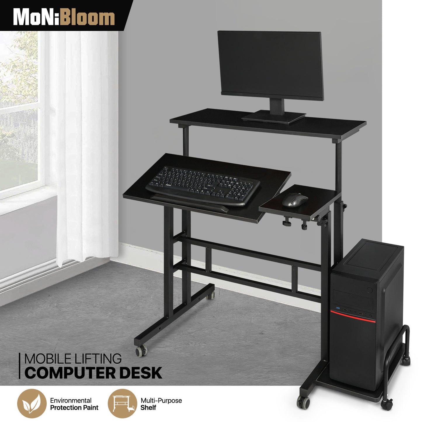Rolling Lifting Computer Desk w/Monitor Shelf & CPU Stand - Adjustable Height & Tilt