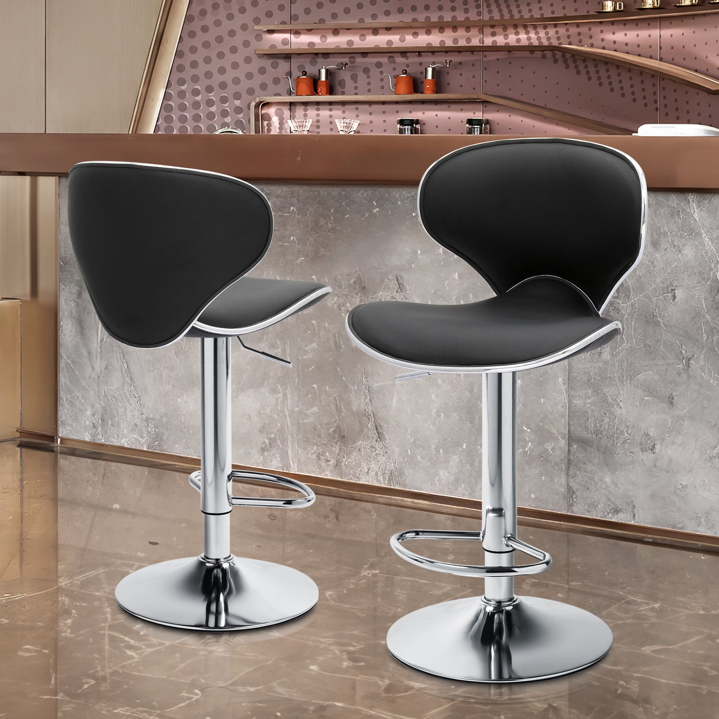 Set of 2 Leather Swivel Bar Stool Modern Adjustable Kitchen Counter Height Chair