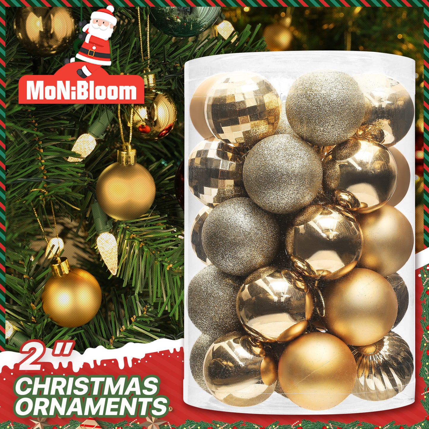 Ball Ornament - 2'' Diameter - 34PCS - 5*Shiny 5*Pumpkin 5*Mirrored 9*Glitter 10*Matte