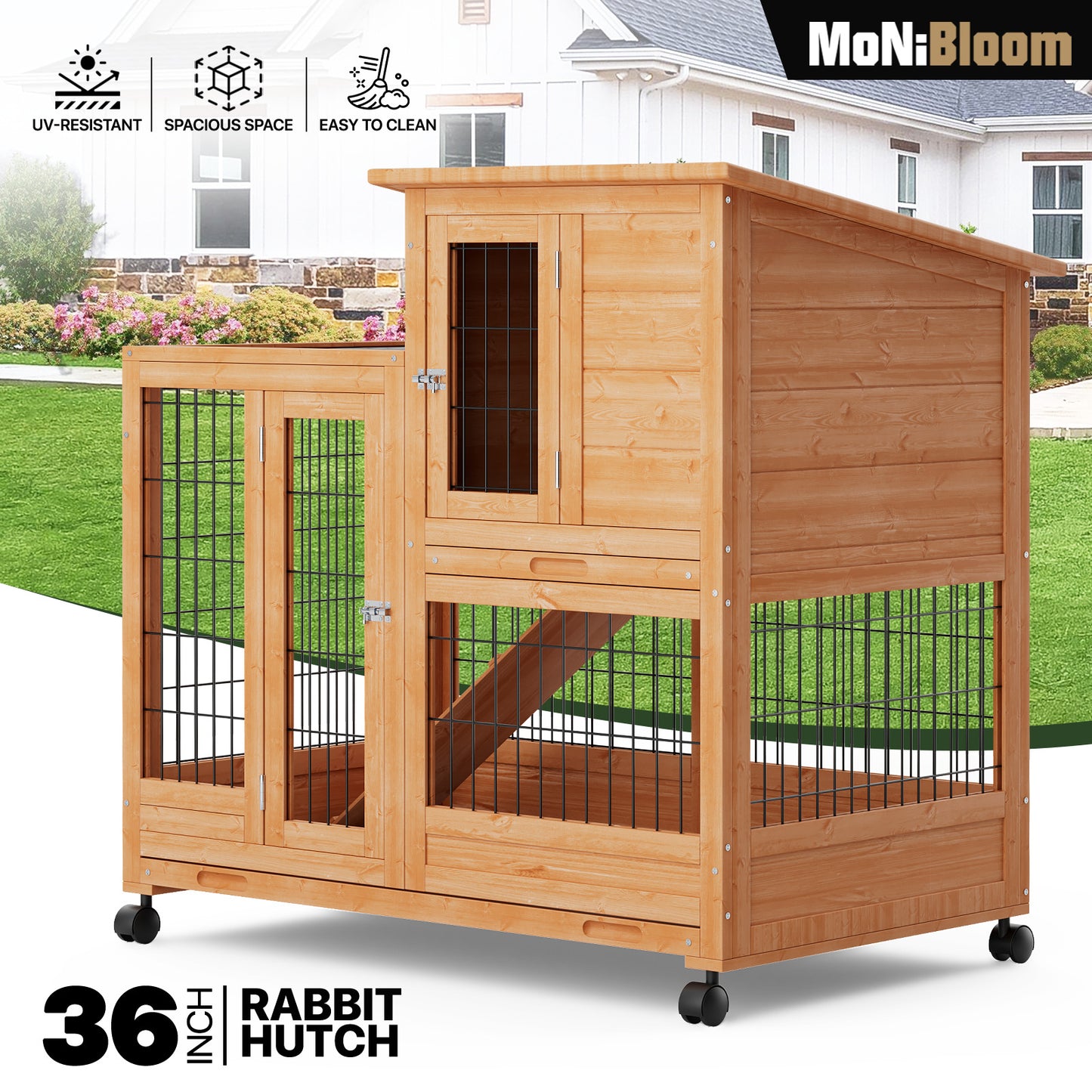 Wooden Chicken Coop Rabbit Hutch - 36'' Length - w/4 Wheels