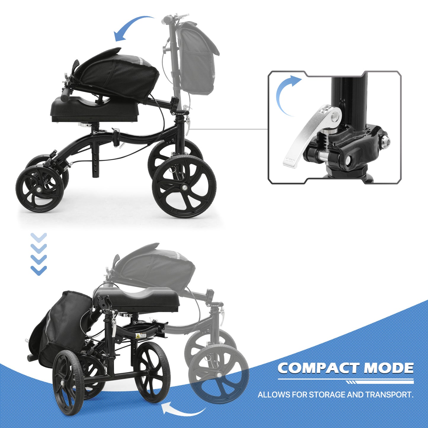 Knee Walker - Black Steel Frame - 10" Front Wheel 8" Rear Wheel
