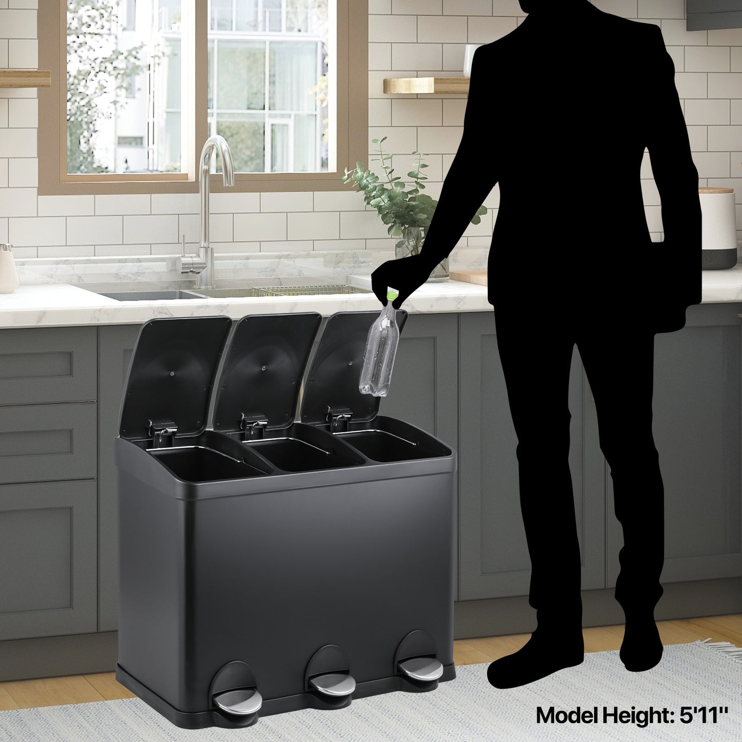 3 Compartment Step On Trash Bin - 3 * 15L