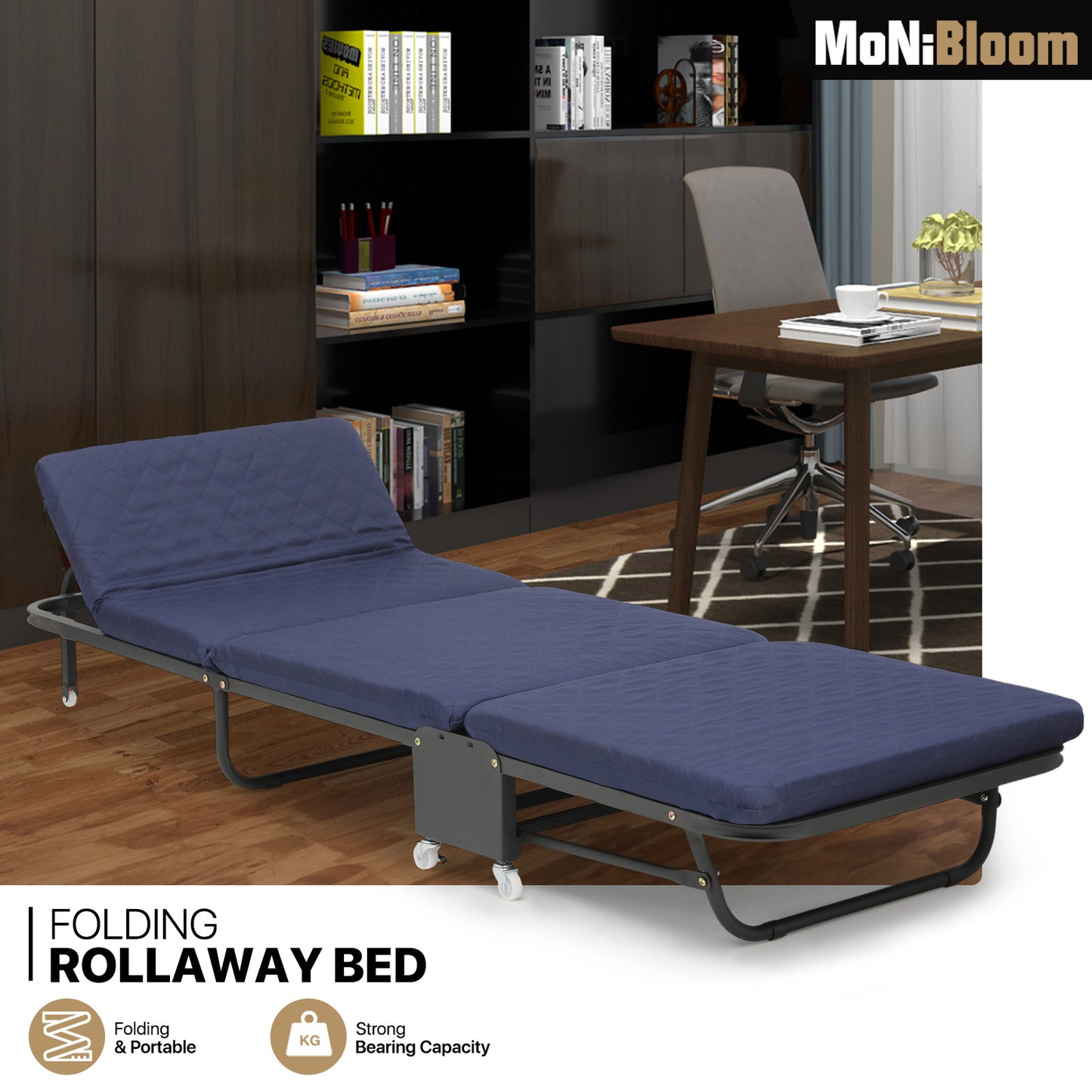 Folding Rollway Sleeping Bed - Camping Cot - 71'' Length - w/2'' Thick Mattress+6 Wheels